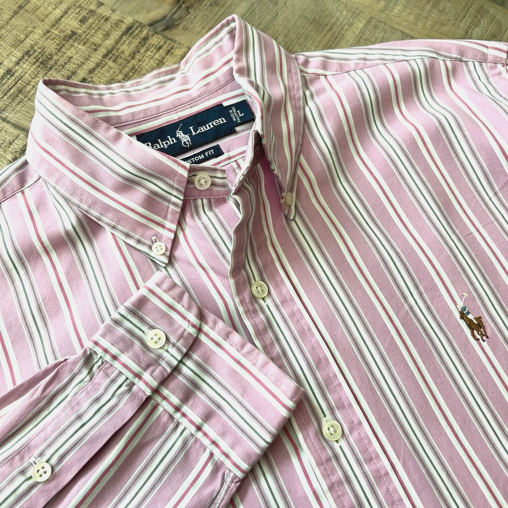 RALPH LAUREN Custom Fit Men's Size‎ L Pink White Stripe Long Sleeve Logo Preppy